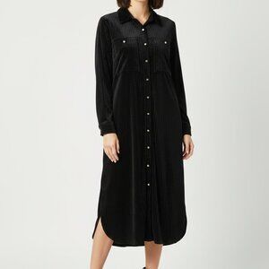 Black Velvet Button-Down Midi Dress with Gold button